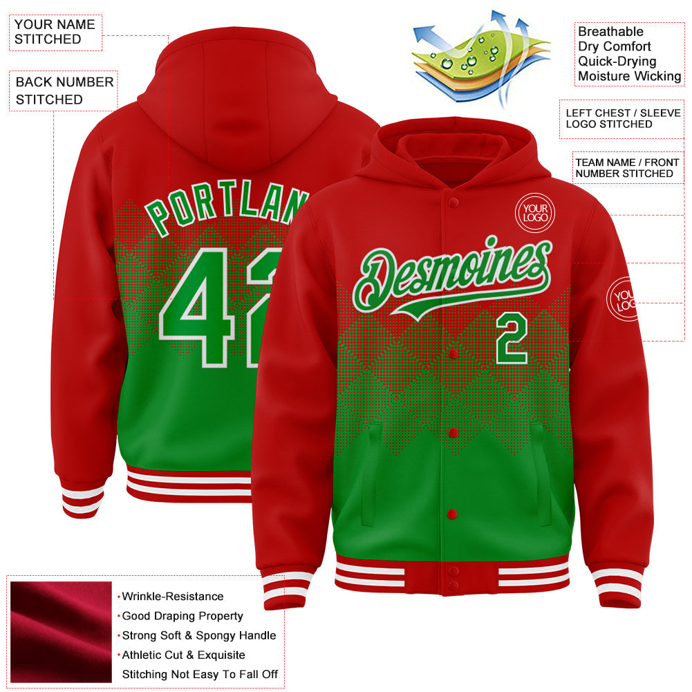 Custom Red Grass Green-White Gradient Square Shape 3D Pattern Design Bomber Full-Snap Varsity Letterman Hoodie Jacket view 3