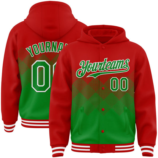 Custom Red Grass Green-White Gradient Square Shape 3D Pattern Design Bomber Full-Snap Varsity Letterman Hoodie Jacket - Main View