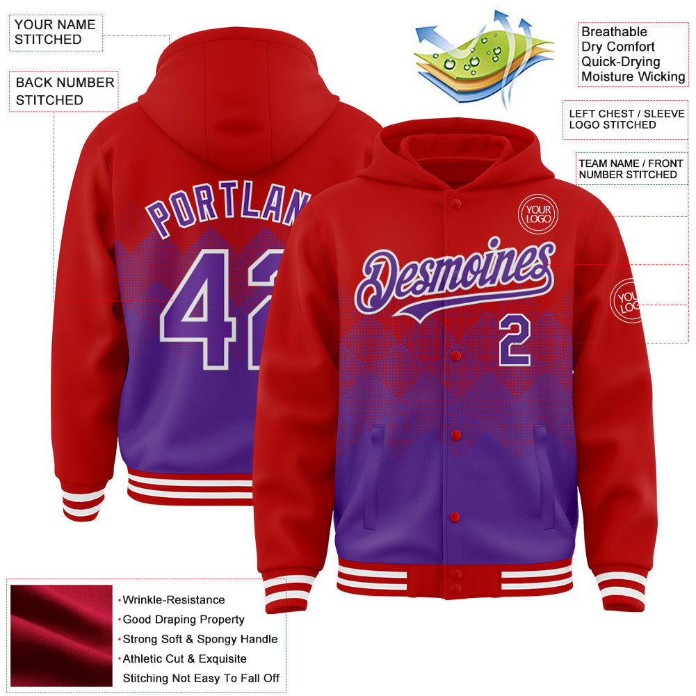 Custom Red Purple-White Gradient Square Shape 3D Pattern Design Bomber Full-Snap Varsity Letterman Hoodie Jacket view 3