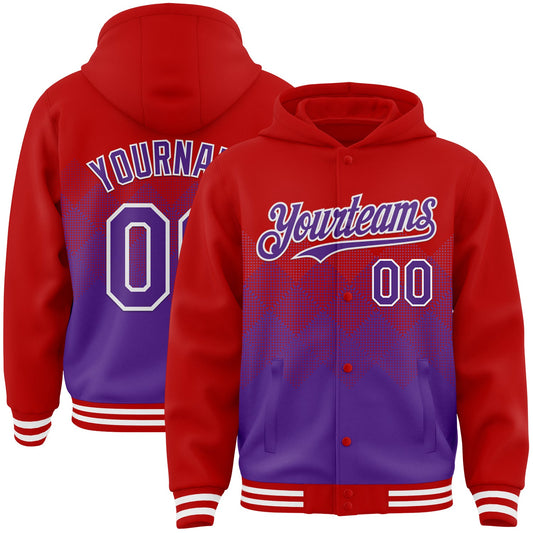 Custom Red Purple-White Gradient Square Shape 3D Pattern Design Bomber Full-Snap Varsity Letterman Hoodie Jacket - Main View