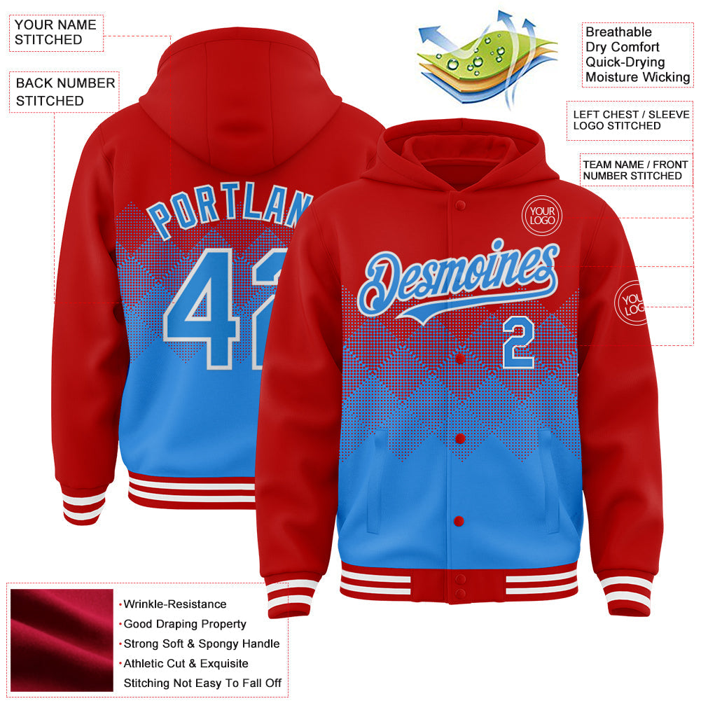 Custom Red Powder Blue-White Gradient Square Shape 3D Pattern Design Bomber Full-Snap Varsity Letterman Hoodie Jacket view 3