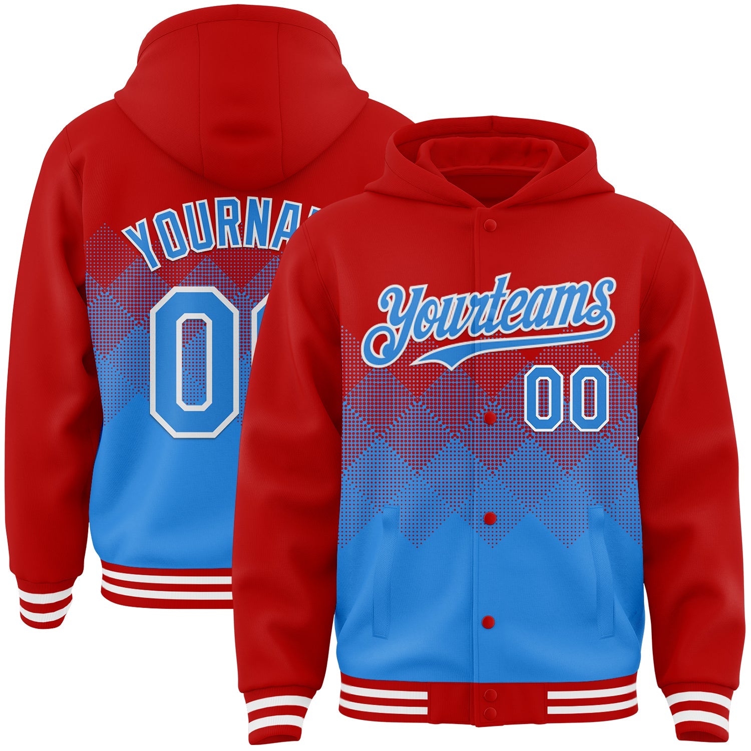 Custom Red Powder Blue-White Gradient Square Shape 3D Pattern Design Bomber Full-Snap Varsity Letterman Hoodie Jacket - Main View