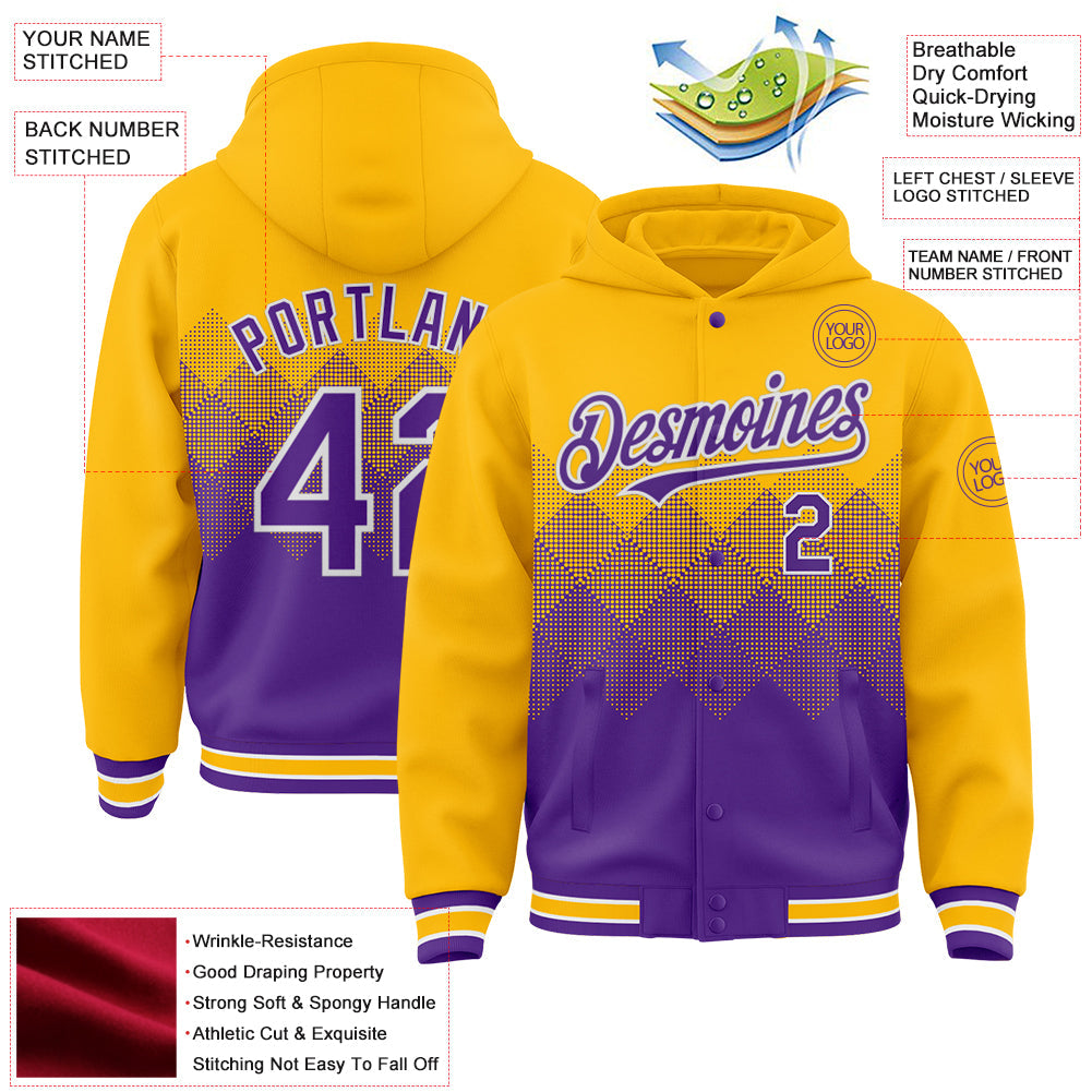 Custom Gold Purple-White Gradient Square Shape 3D Pattern Design Bomber Full-Snap Varsity Letterman Hoodie Jacket view 3