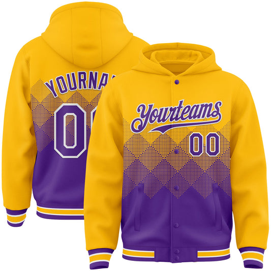 Custom Gold Purple-White Gradient Square Shape 3D Pattern Design Bomber Full-Snap Varsity Letterman Hoodie Jacket - Main View