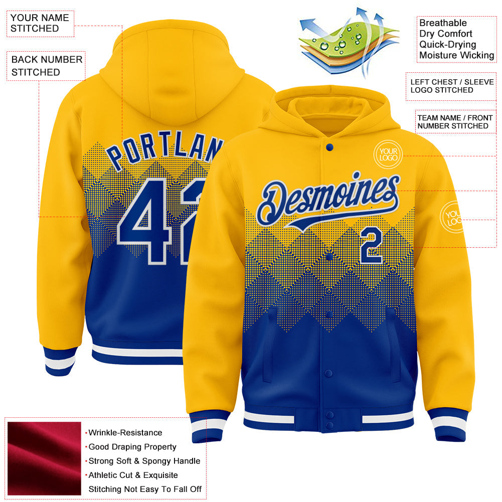 Custom Gold Royal-White Gradient Square Shape 3D Pattern Design Bomber Full-Snap Varsity Letterman Hoodie Jacket view 3