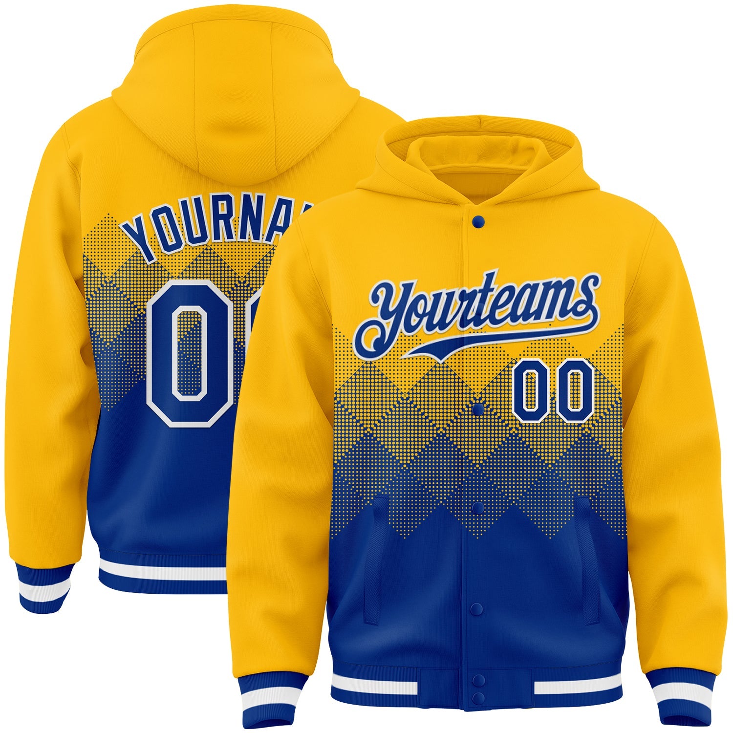 Custom Gold Royal-White Gradient Square Shape 3D Pattern Design Bomber Full-Snap Varsity Letterman Hoodie Jacket - Main View