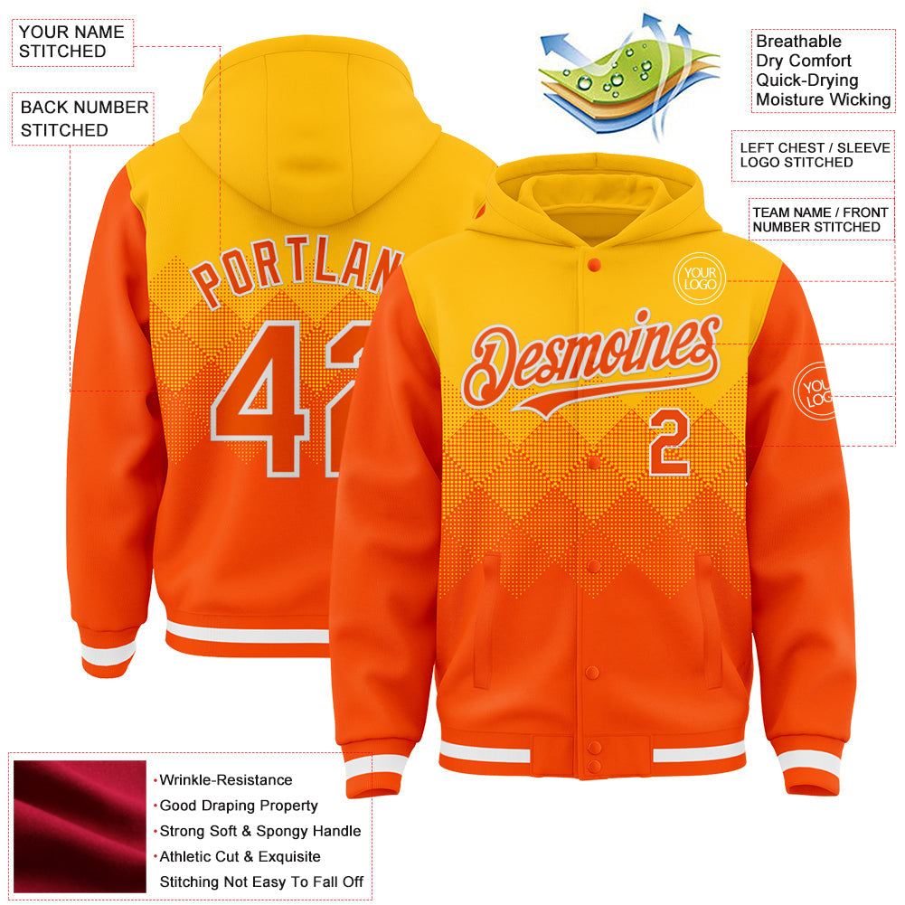 Custom Gold Orange-White Gradient Square Shape 3D Pattern Design Bomber Full-Snap Varsity Letterman Hoodie Jacket view 3