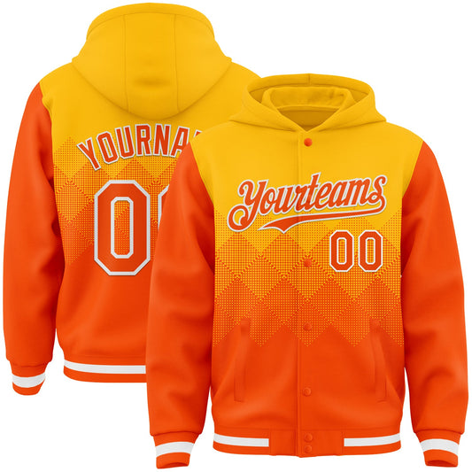Custom Gold Orange-White Gradient Square Shape 3D Pattern Design Bomber Full-Snap Varsity Letterman Hoodie Jacket - Main View
