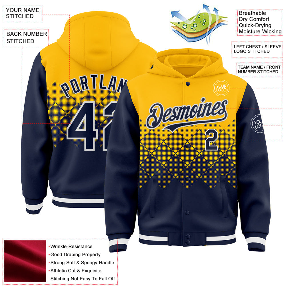 Custom Gold Navy-White Gradient Square Shape 3D Pattern Design Bomber Full-Snap Varsity Letterman Hoodie Jacket view 3