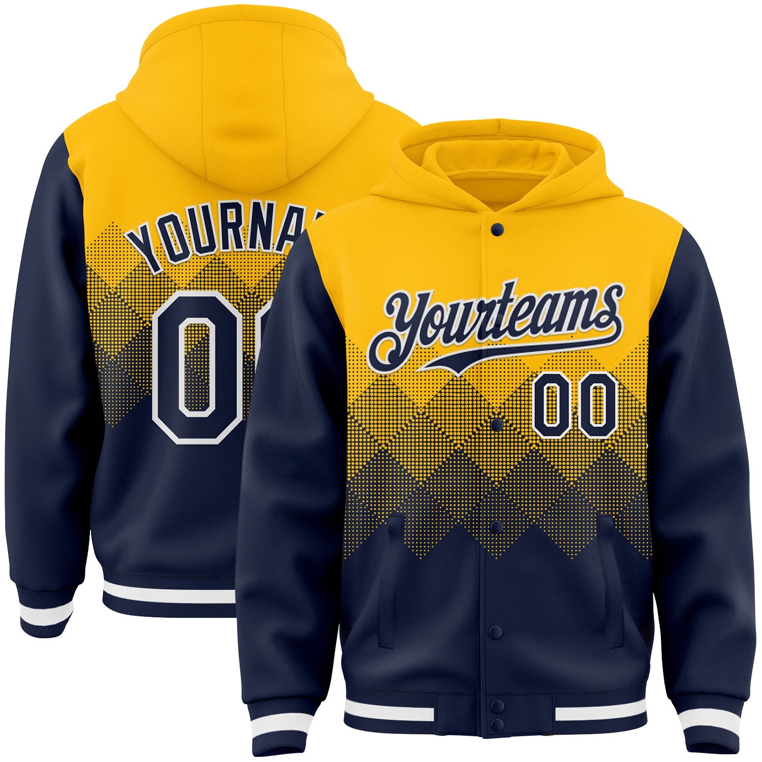 Custom Gold Navy-White Gradient Square Shape 3D Pattern Design Bomber Full-Snap Varsity Letterman Hoodie Jacket - Main View