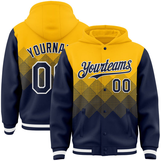 Custom Gold Navy-White Gradient Square Shape 3D Pattern Design Bomber Full-Snap Varsity Letterman Hoodie Jacket - Main View