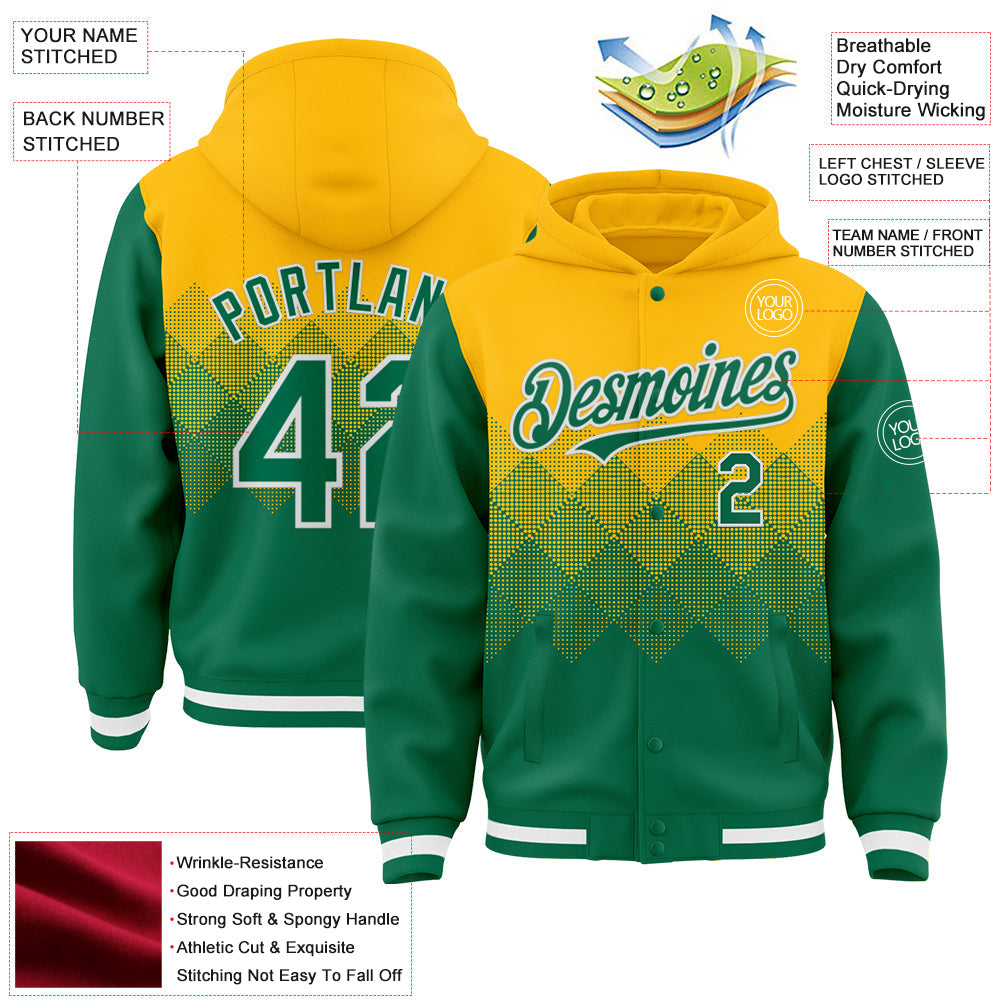Custom Gold Kelly Green-White Gradient Square Shape 3D Pattern Design Bomber Full-Snap Varsity Letterman Hoodie Jacket view 3