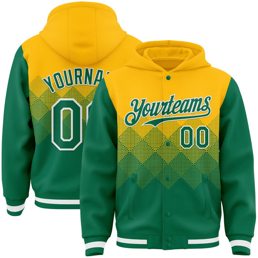 Custom Gold Kelly Green-White Gradient Square Shape 3D Pattern Design Bomber Full-Snap Varsity Letterman Hoodie Jacket - Main View