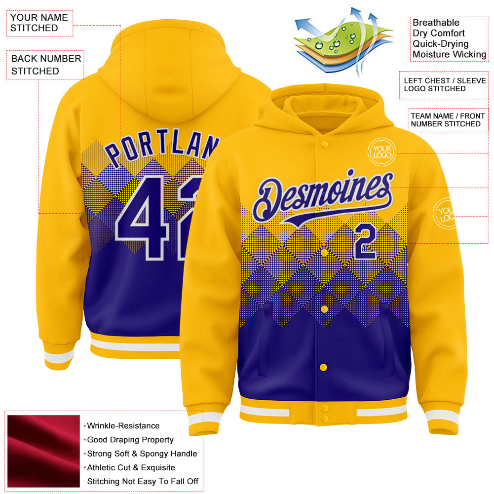 Custom Gold Dark Purple-White Gradient Square Shape 3D Pattern Design Bomber Full-Snap Varsity Letterman Hoodie Jacket view 3