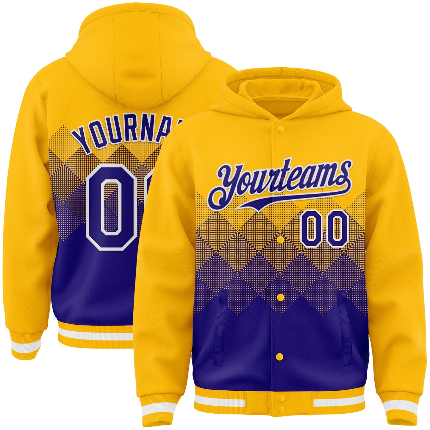 Custom Gold Dark Purple-White Gradient Square Shape 3D Pattern Design Bomber Full-Snap Varsity Letterman Hoodie Jacket - Main View