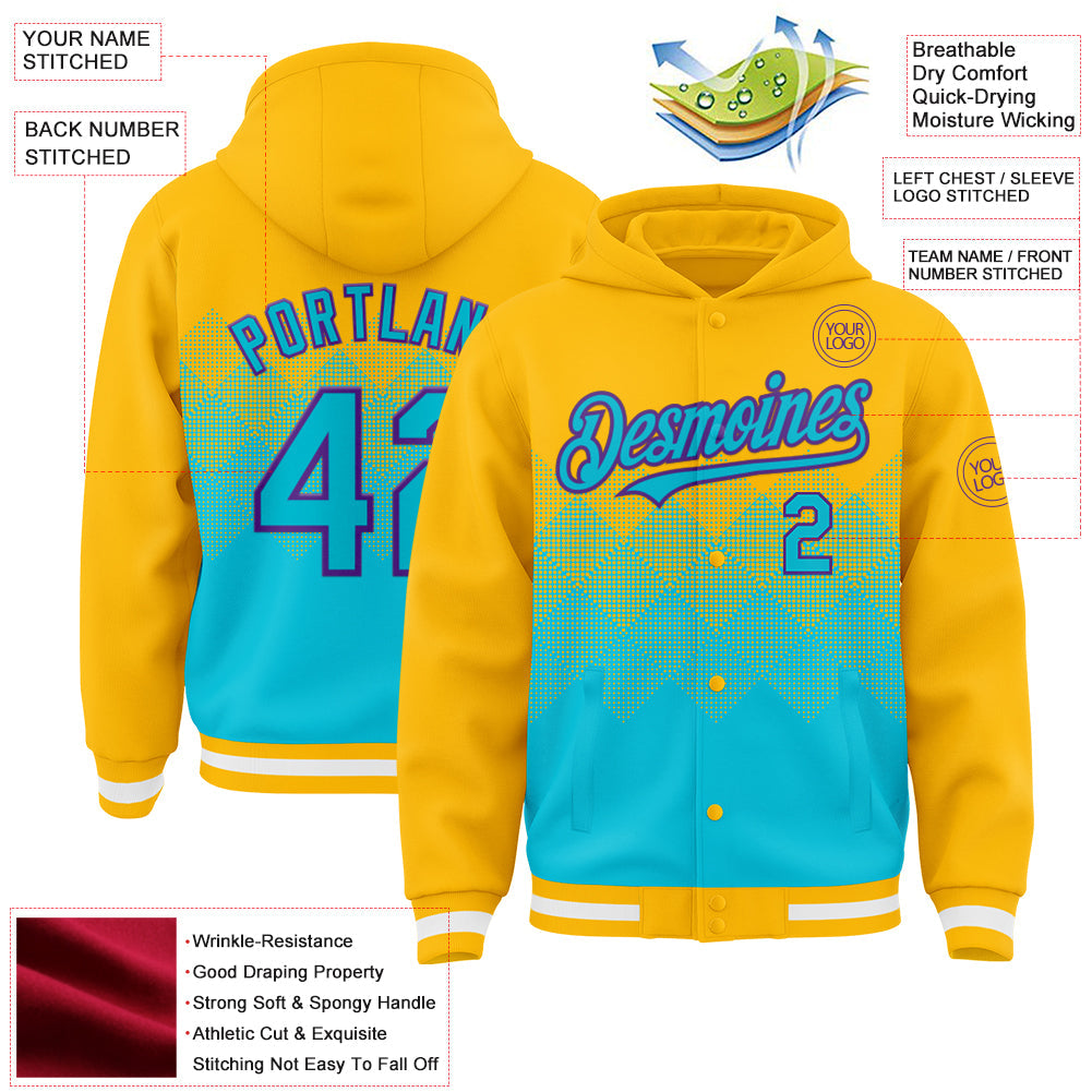 Custom Gold Lakes Blue-Purple Gradient Square Shape 3D Pattern Design Bomber Full-Snap Varsity Letterman Hoodie Jacket view 3