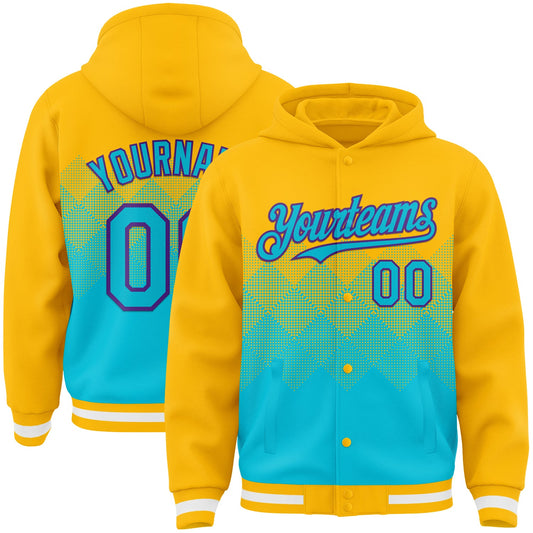 Custom Gold Lakes Blue-Purple Gradient Square Shape 3D Pattern Design Bomber Full-Snap Varsity Letterman Hoodie Jacket - Main View