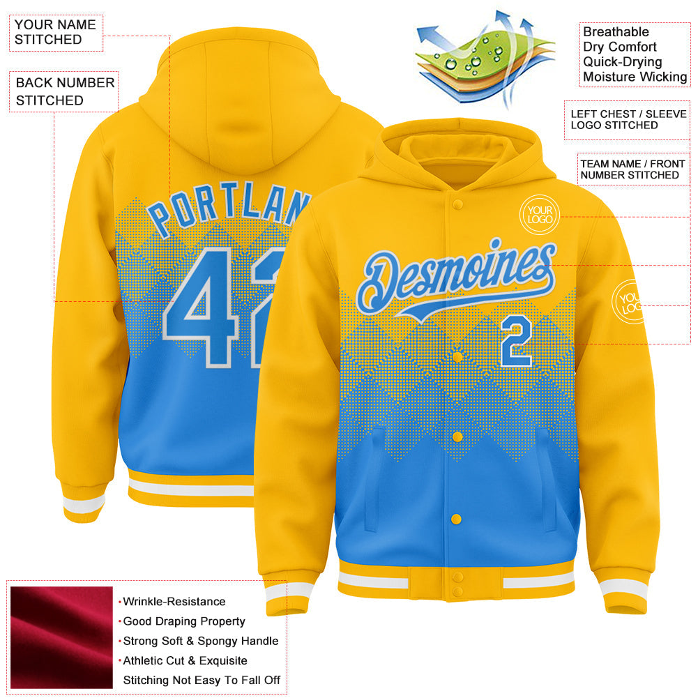 Custom Gold Powder Blue-White Gradient Square Shape 3D Pattern Design Bomber Full-Snap Varsity Letterman Hoodie Jacket view 3