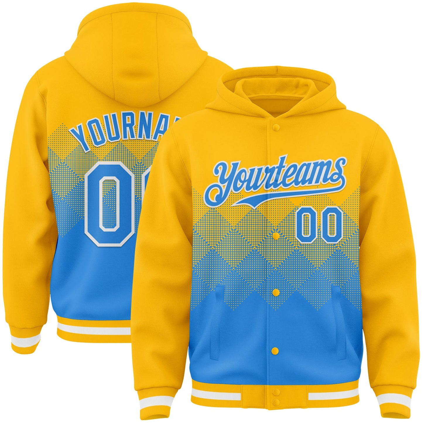Custom Gold Powder Blue-White Gradient Square Shape 3D Pattern Design Bomber Full-Snap Varsity Letterman Hoodie Jacket - Main View