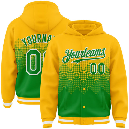 Custom Gold Grass Green-White Gradient Square Shape 3D Pattern Design Bomber Full-Snap Varsity Letterman Hoodie Jacket - Main View