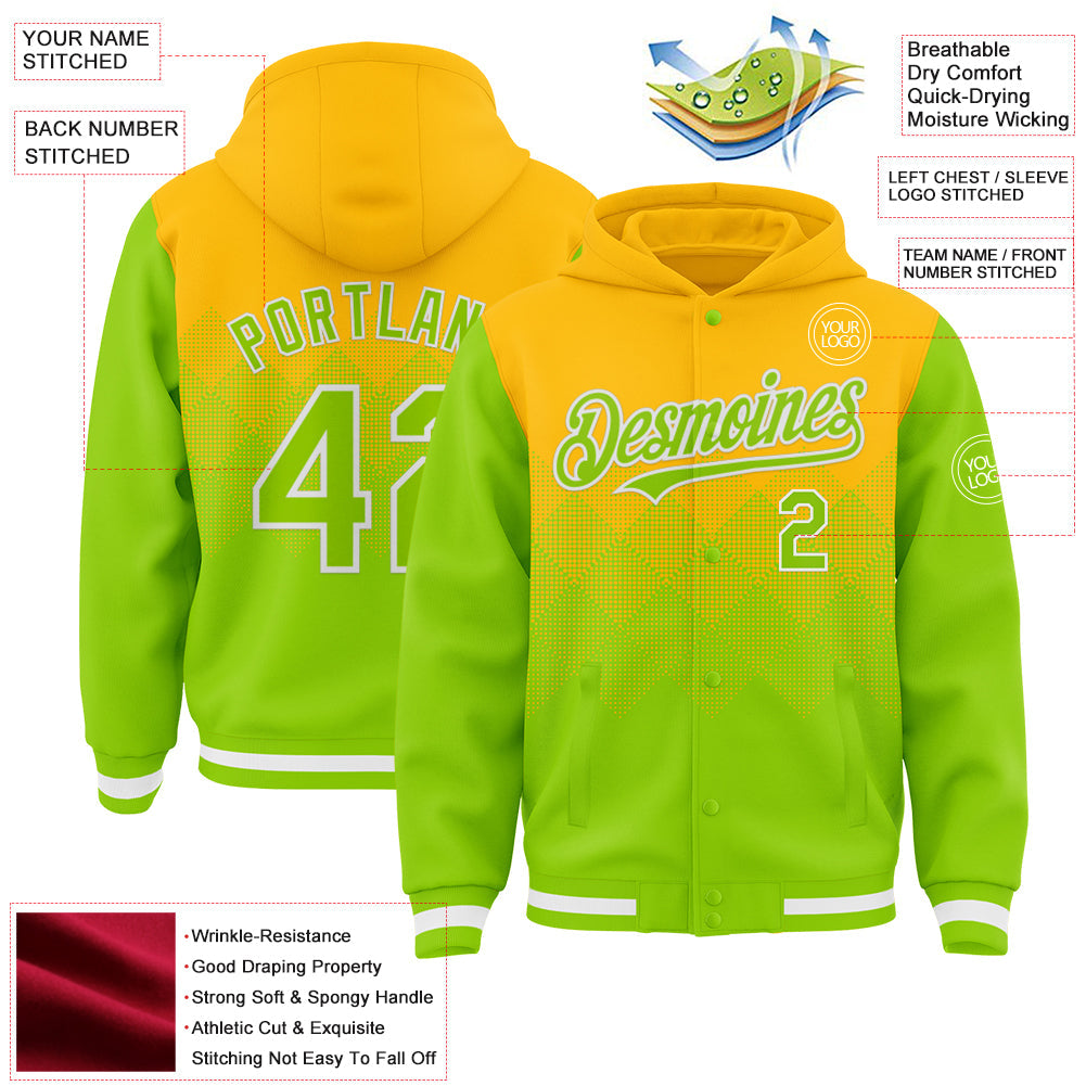 Custom Gold Neon Green-White Gradient Square Shape 3D Pattern Design Bomber Full-Snap Varsity Letterman Hoodie Jacket view 3