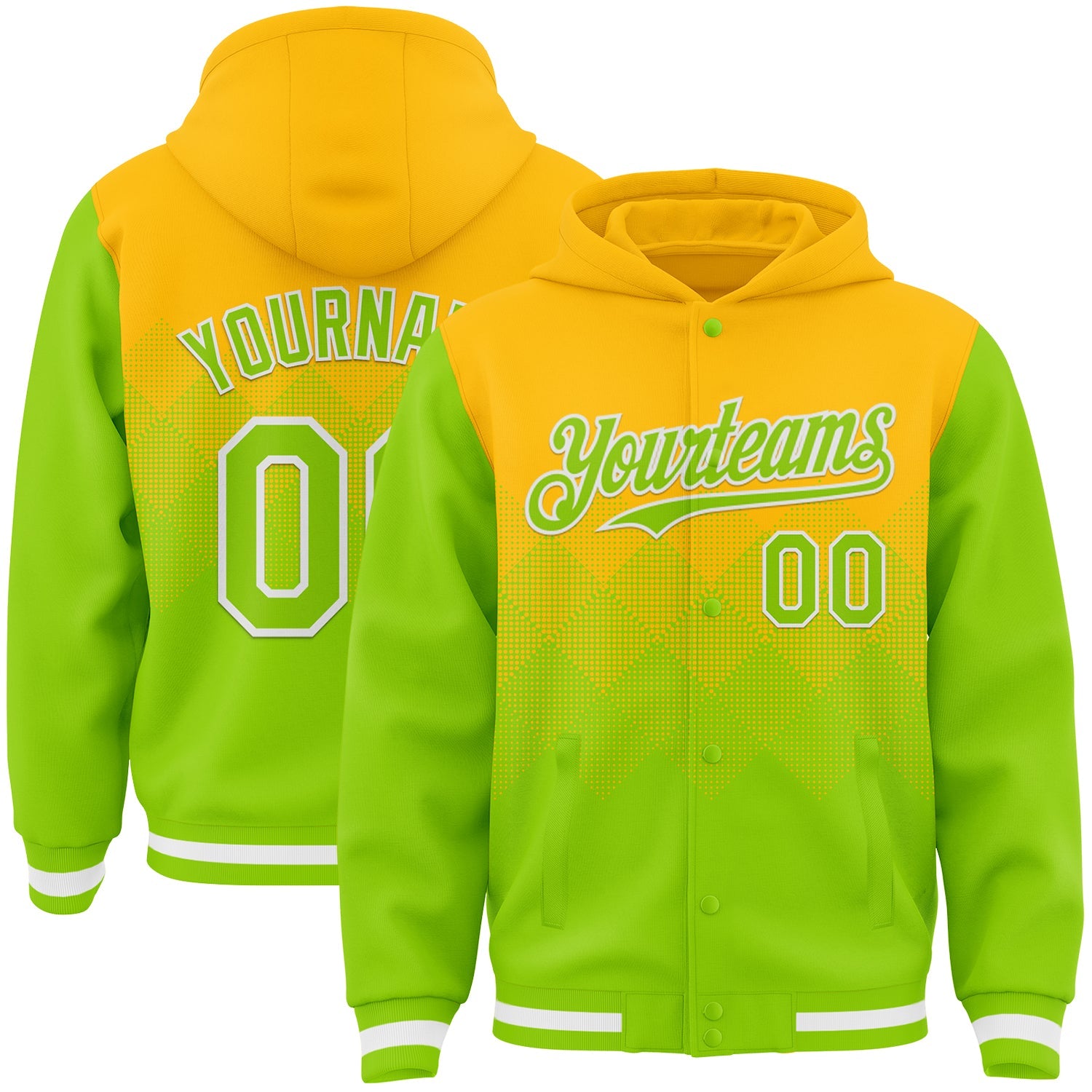 Custom Gold Neon Green-White Gradient Square Shape 3D Pattern Design Bomber Full-Snap Varsity Letterman Hoodie Jacket - Main View