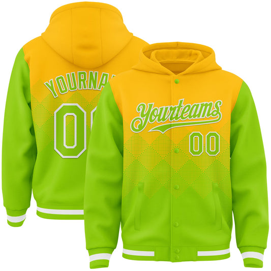 Custom Gold Neon Green-White Gradient Square Shape 3D Pattern Design Bomber Full-Snap Varsity Letterman Hoodie Jacket - Main View