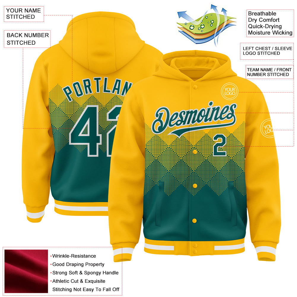 Custom Gold Midnight Green-White Gradient Square Shape 3D Pattern Design Bomber Full-Snap Varsity Letterman Hoodie Jacket view 3