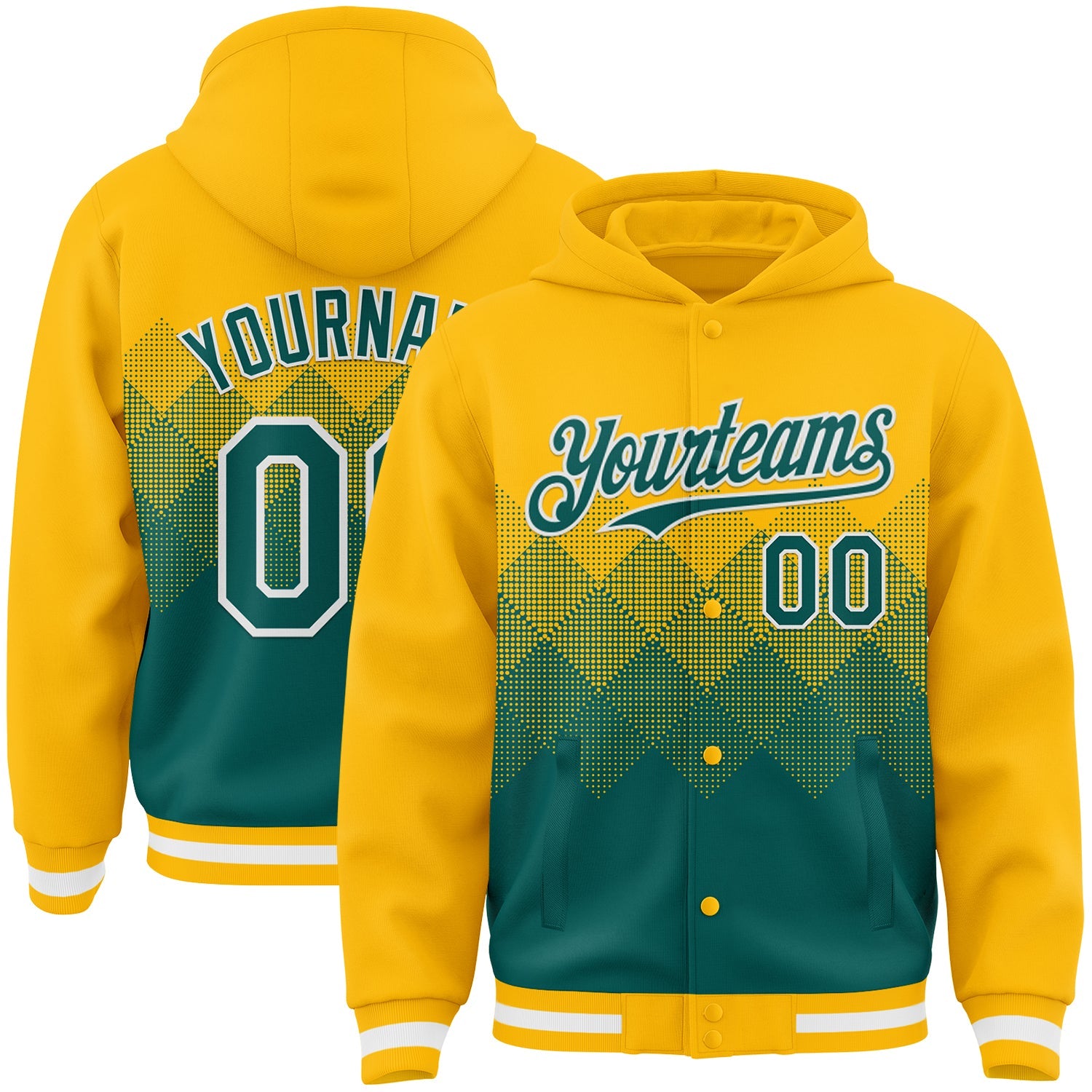Custom Gold Midnight Green-White Gradient Square Shape 3D Pattern Design Bomber Full-Snap Varsity Letterman Hoodie Jacket - Main View