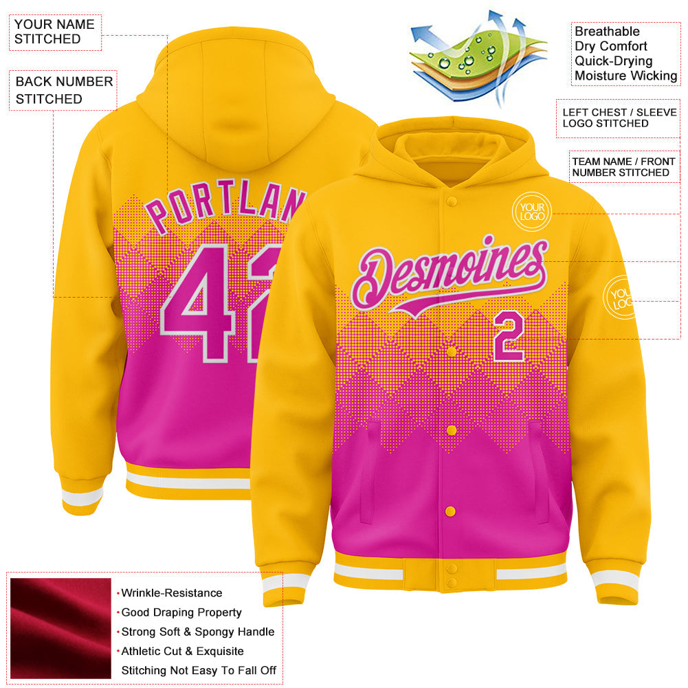 Custom Gold Deep Pink-White Gradient Square Shape 3D Pattern Design Bomber Full-Snap Varsity Letterman Hoodie Jacket view 3
