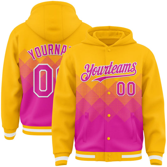 Custom Gold Deep Pink-White Gradient Square Shape 3D Pattern Design Bomber Full-Snap Varsity Letterman Hoodie Jacket - Main View