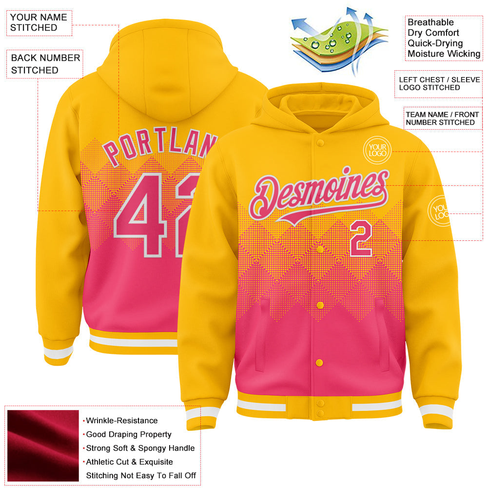Custom Gold Neon Pink-White Gradient Square Shape 3D Pattern Design Bomber Full-Snap Varsity Letterman Hoodie Jacket view 3