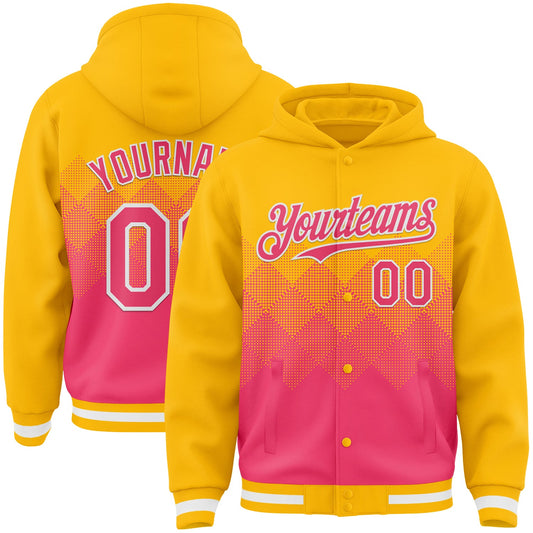 Custom Gold Neon Pink-White Gradient Square Shape 3D Pattern Design Bomber Full-Snap Varsity Letterman Hoodie Jacket - Main View