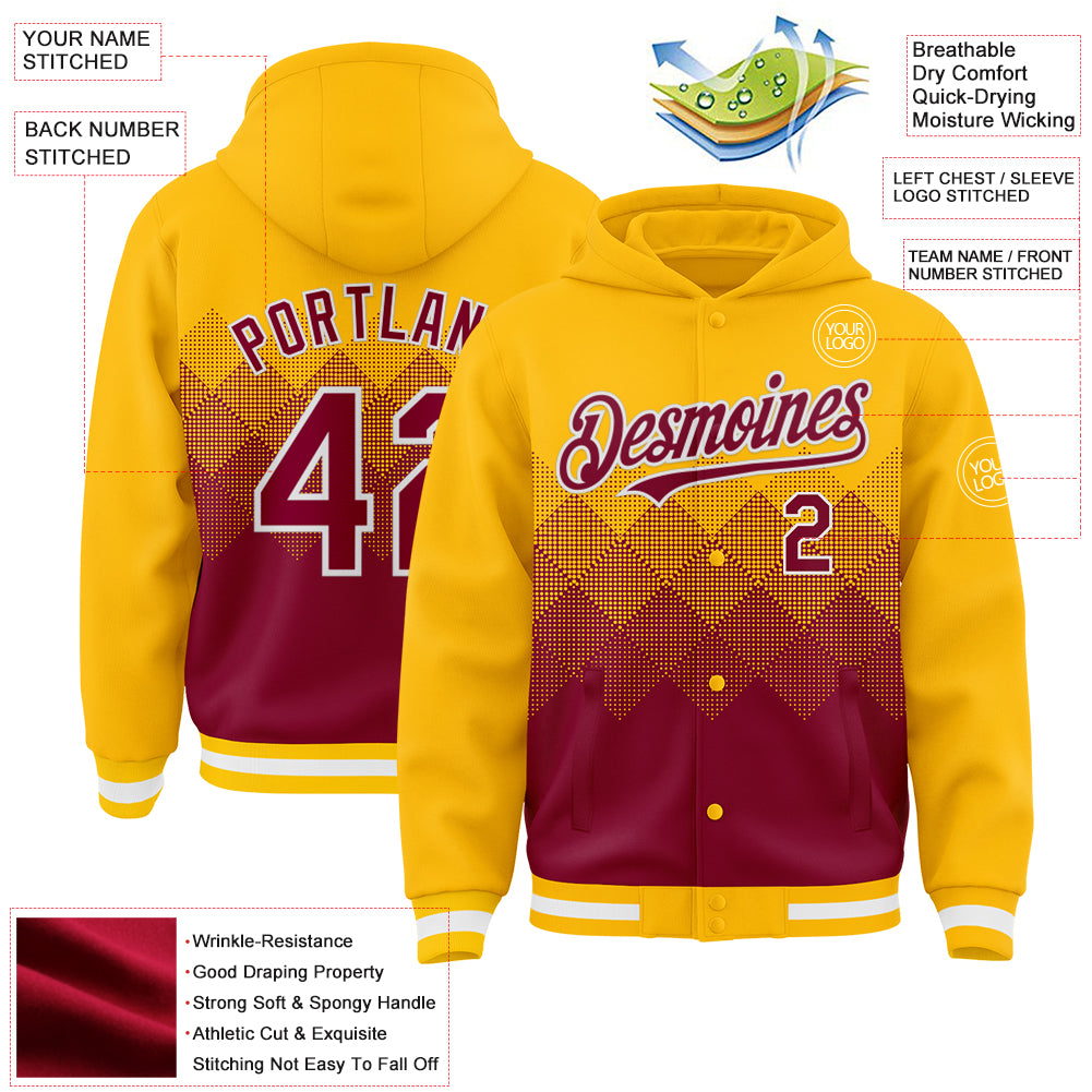 Custom Gold Maroon-White Gradient Square Shape 3D Pattern Design Bomber Full-Snap Varsity Letterman Hoodie Jacket view 3
