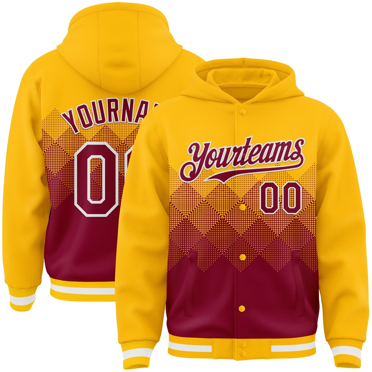 Custom Gold Maroon-White Gradient Square Shape 3D Pattern Design Bomber Full-Snap Varsity Letterman Hoodie Jacket - Main View