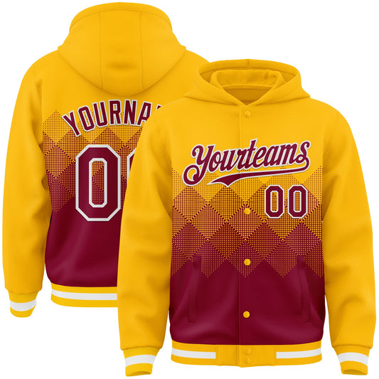 Custom Gold Maroon-White Gradient Square Shape 3D Pattern Design Bomber Full-Snap Varsity Letterman Hoodie Jacket - Main View