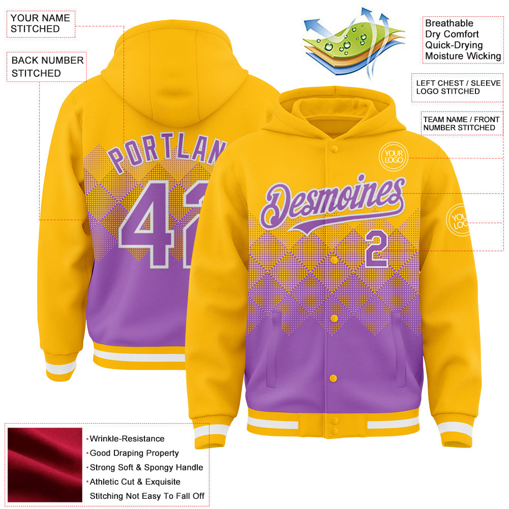 Custom Gold Medium Purple-White Gradient Square Shape 3D Pattern Design Bomber Full-Snap Varsity Letterman Hoodie Jacket view 3