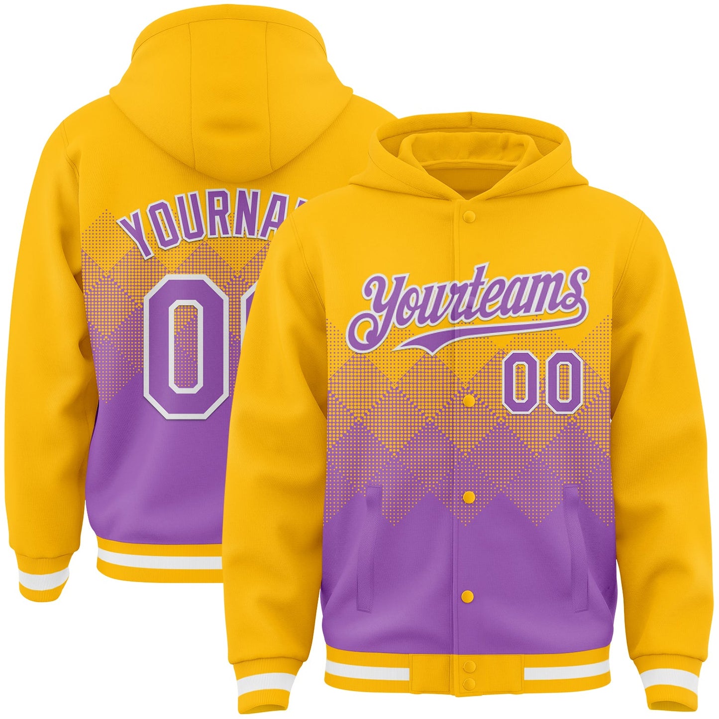 Custom Gold Medium Purple-White Gradient Square Shape 3D Pattern Design Bomber Full-Snap Varsity Letterman Hoodie Jacket - Main View