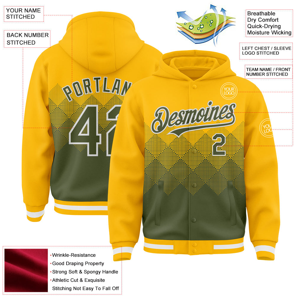 Custom Gold Olive-White Gradient Square Shape 3D Pattern Design Bomber Full-Snap Varsity Letterman Hoodie Jacket view 3