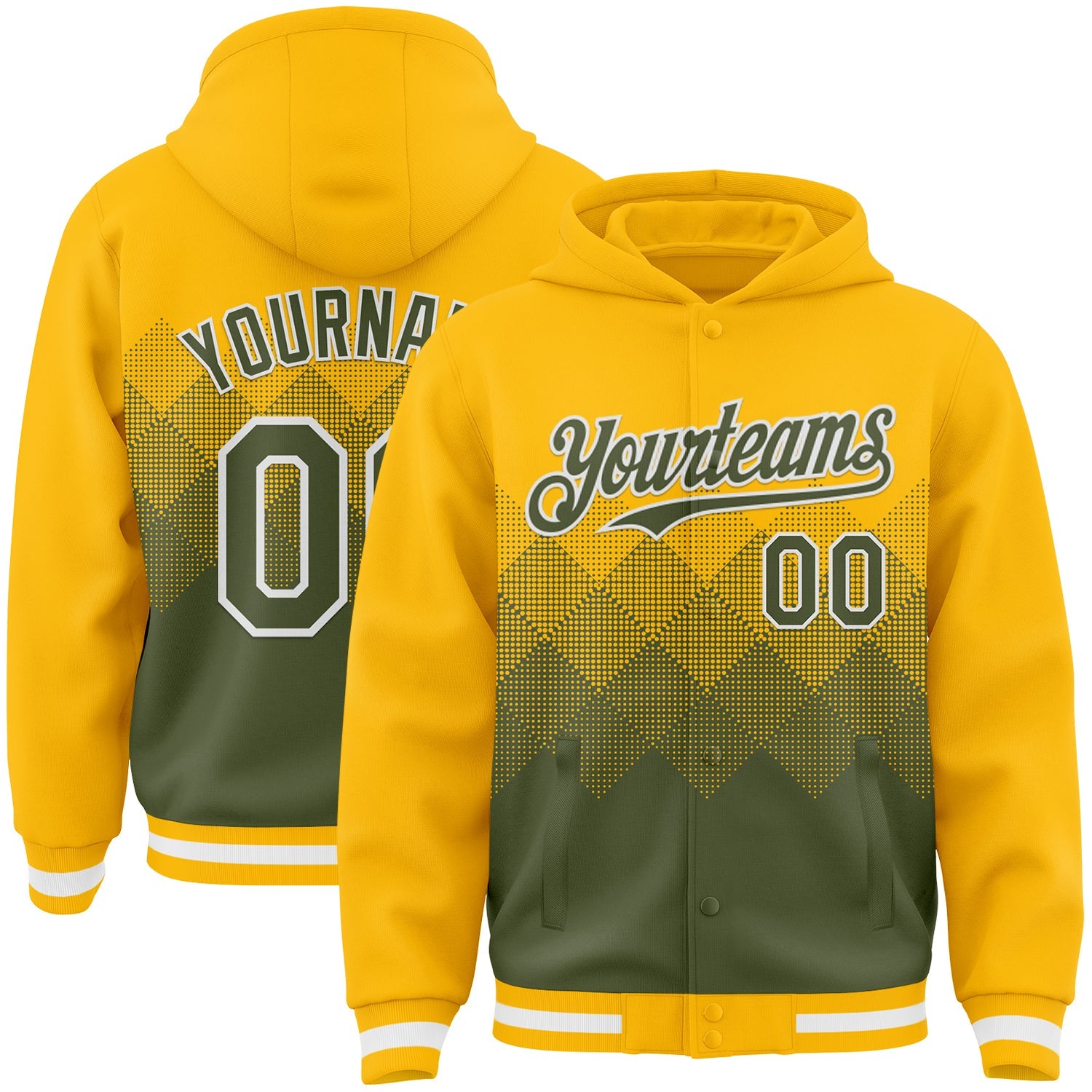 Custom Gold Olive-White Gradient Square Shape 3D Pattern Design Bomber Full-Snap Varsity Letterman Hoodie Jacket - Main View