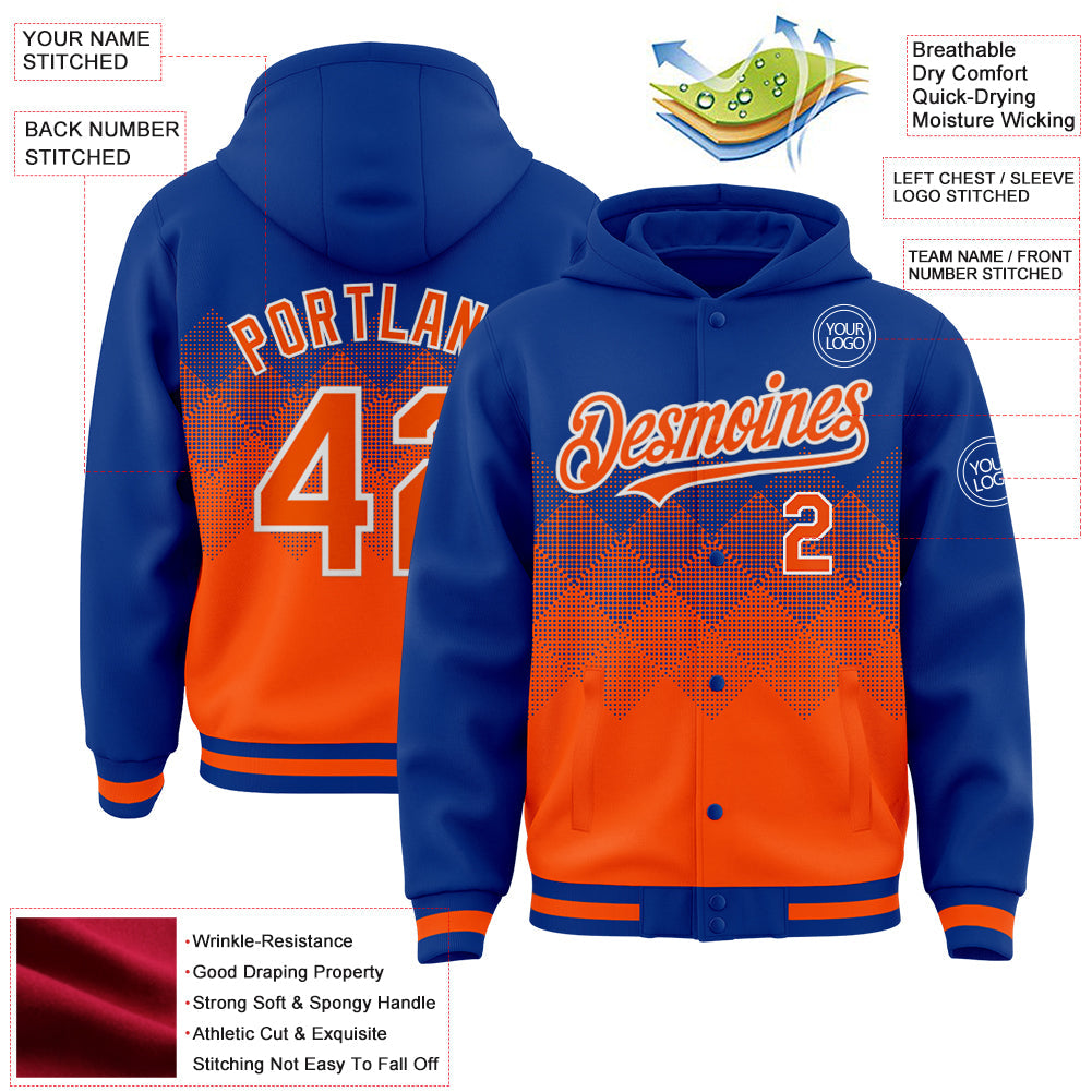 Custom Royal Orange-White Gradient Square Shape 3D Pattern Design Bomber Full-Snap Varsity Letterman Hoodie Jacket view 3