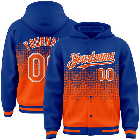 Custom Royal Orange-White Gradient Square Shape 3D Pattern Design Bomber Full-Snap Varsity Letterman Hoodie Jacket - Main View