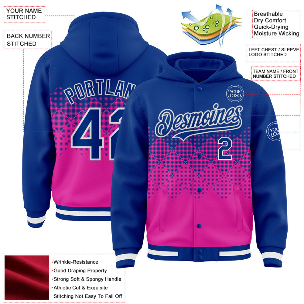 Custom Royal Deep Pink-White Gradient Square Shape 3D Pattern Design Bomber Full-Snap Varsity Letterman Hoodie Jacket view 3