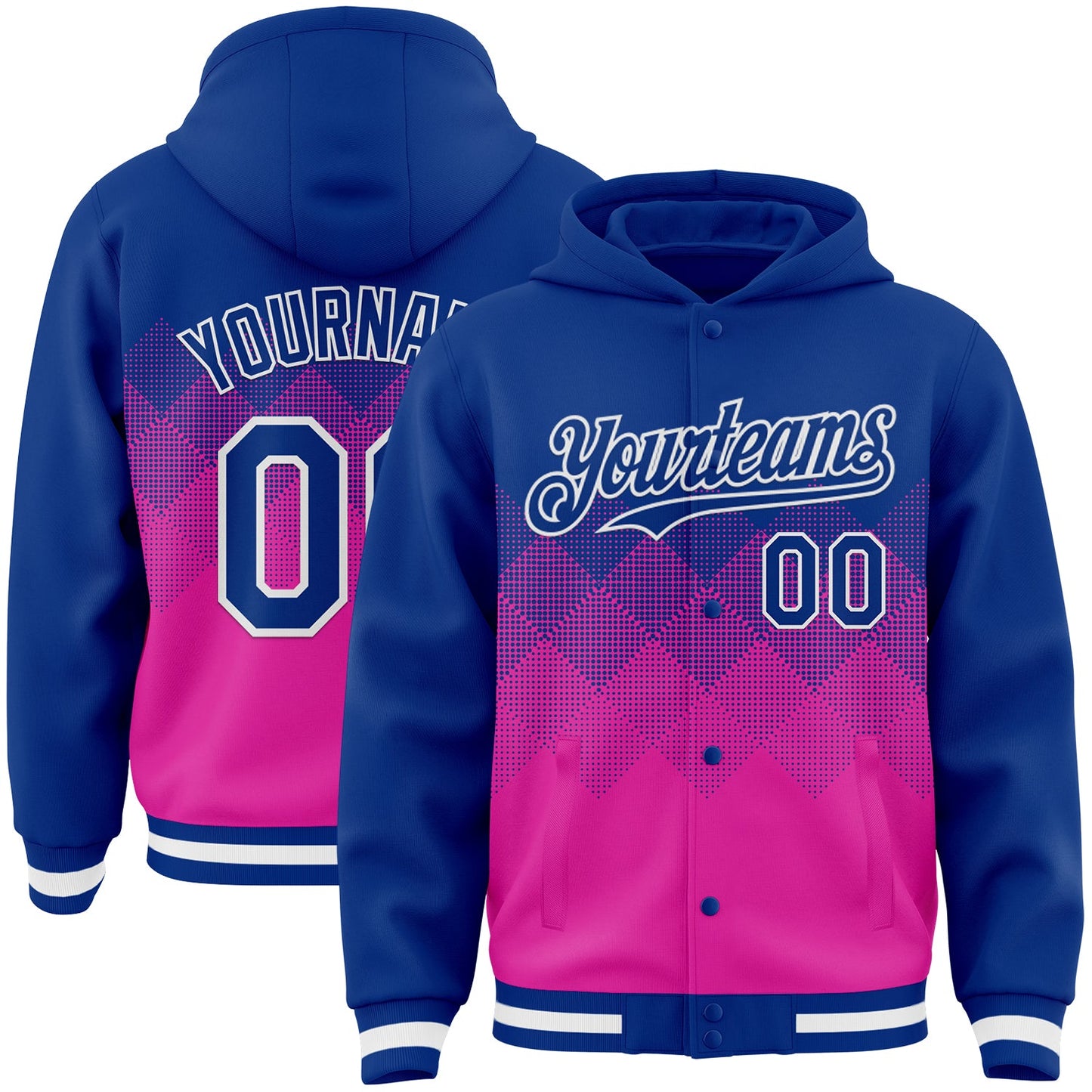Custom Royal Deep Pink-White Gradient Square Shape 3D Pattern Design Bomber Full-Snap Varsity Letterman Hoodie Jacket - Main View