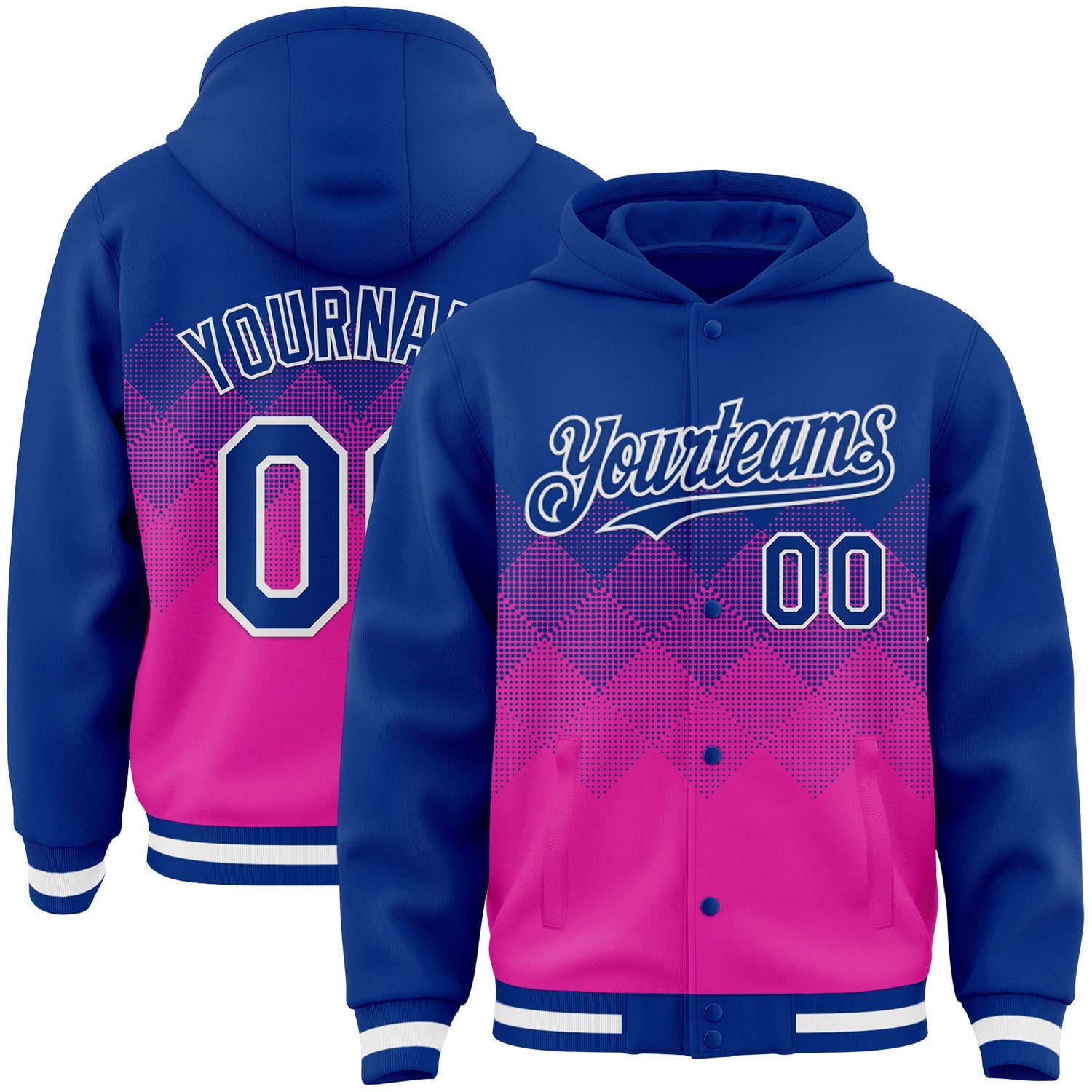 Custom Royal Deep Pink-White Gradient Square Shape 3D Pattern Design Bomber Full-Snap Varsity Letterman Hoodie Jacket - Main View