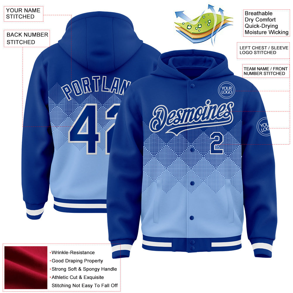 Custom Royal Light Blue-White Gradient Square Shape 3D Pattern Design Bomber Full-Snap Varsity Letterman Hoodie Jacket view 3