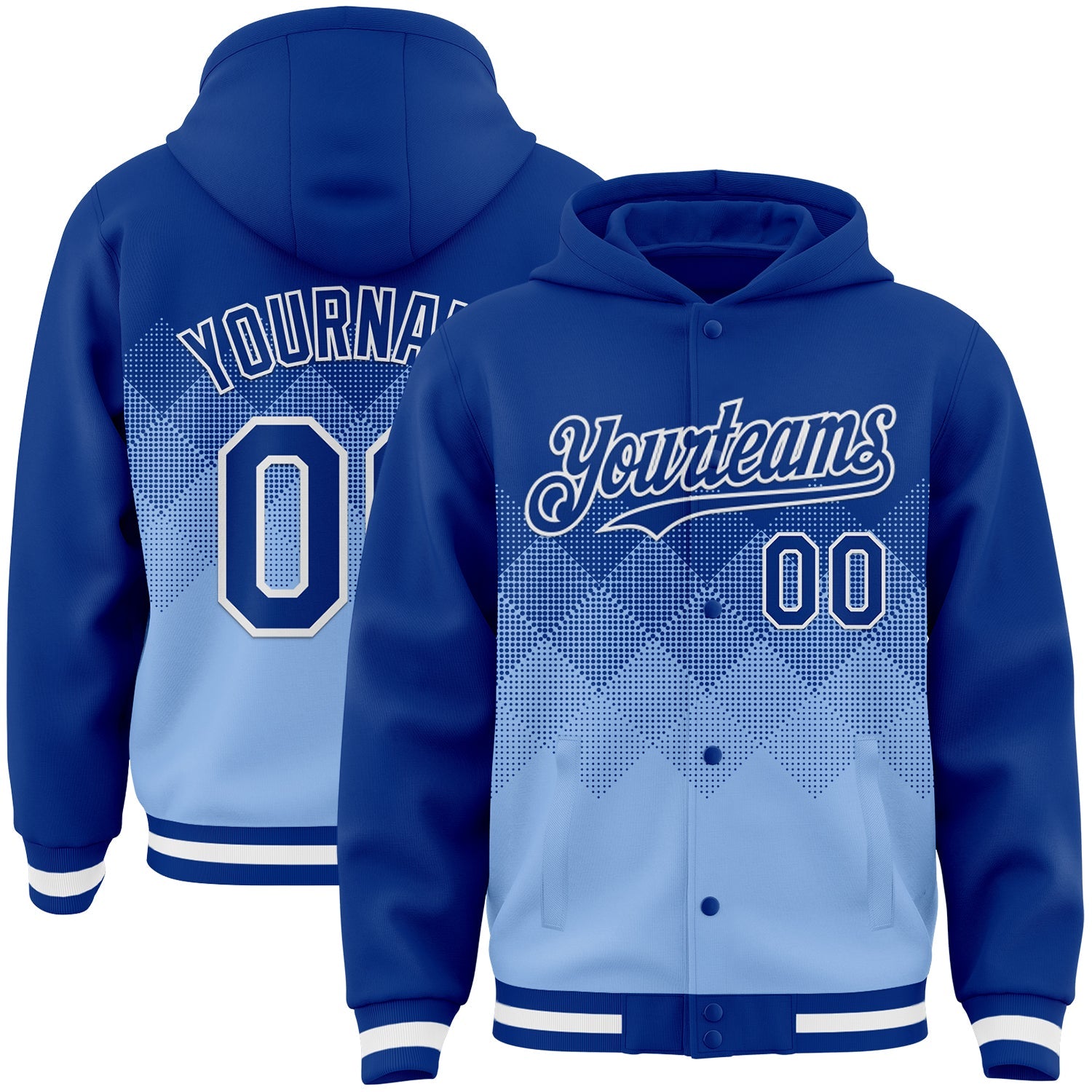 Custom Royal Light Blue-White Gradient Square Shape 3D Pattern Design Bomber Full-Snap Varsity Letterman Hoodie Jacket - Main View