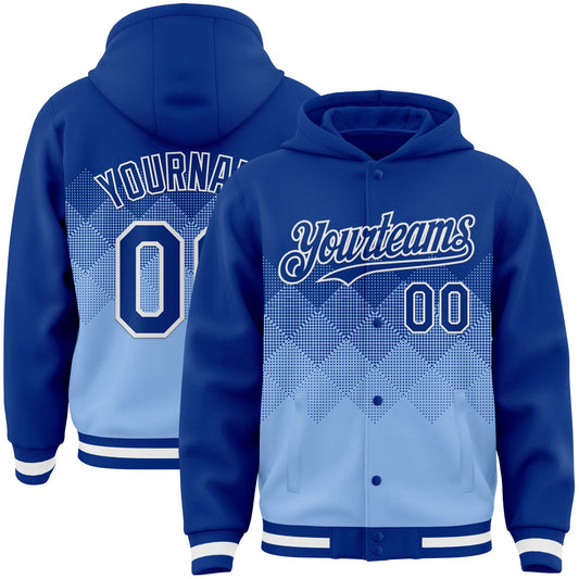 Custom Royal Light Blue-White Gradient Square Shape 3D Pattern Design Bomber Full-Snap Varsity Letterman Hoodie Jacket - Main View