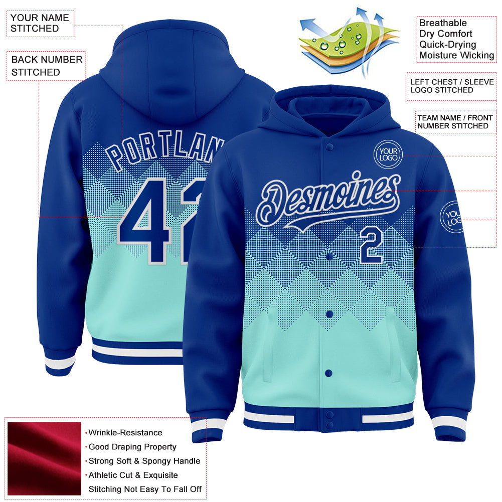 Custom Royal Ice Blue-White Gradient Square Shape 3D Pattern Design Bomber Full-Snap Varsity Letterman Hoodie Jacket view 3