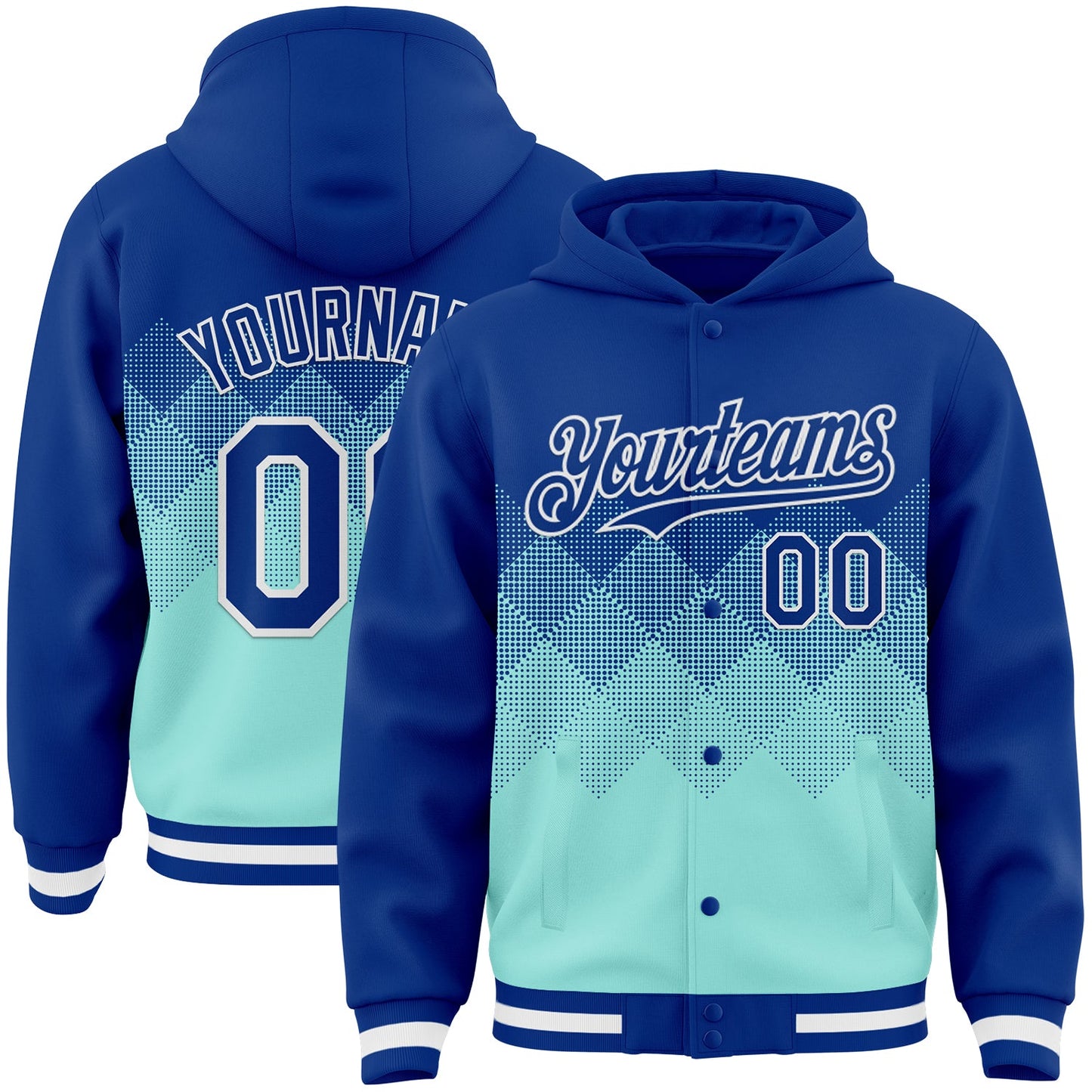 Custom Royal Ice Blue-White Gradient Square Shape 3D Pattern Design Bomber Full-Snap Varsity Letterman Hoodie Jacket - Main View